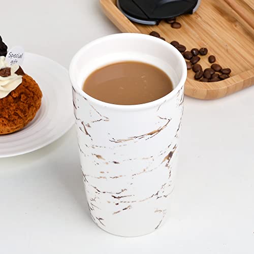 Antis's Home Ceramic Coffee Mug With Lid, Marble Gold Double Wall Coffee Travel Mug Ceramic Tumbler 12 Oz, Reusable Tall Cup, Splash Resistant Lid, Dishwasher Microwaveable Safe #TOP6