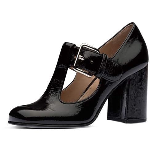 FOWT Women Fashion Closed Square Toe T-Strap Pumps Chunky High Heels Office Date Shoes Size 4-16 M