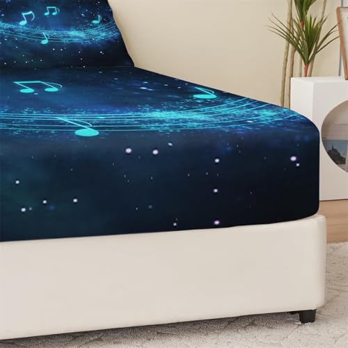 Prześcieradło z gumką 160 x 200 cm pokrowiec na materac z mikrofibry, nadruk nut muzycznych i gwiaździste niebo pokrowiec na materac dla antypoślizgowych odpornych na zmarszczki prześcieradło z