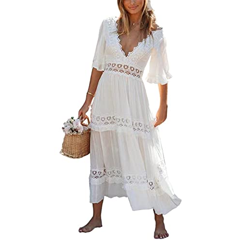 Loalirando Damen Kurzarm V-Ausschnitt Lang Casual Kleid mit Rüschen Weiß,...