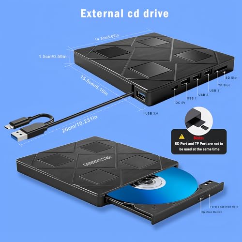 Image of 8-in-1 Extemal CD /DVD Drive for Laptop,USB 3.0 & Type-C Portable CD /DvD Burner with SD /TF Card Reader DVD Player with Carrying Case Compatible with Laptop PC, MacBook Pro /iMac Windows 11 /10 /8 /7 Linux