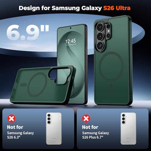Image of SUPFINE Magnetic for Samsung Galaxy S26 Ultra Case with Screen Protector, (Built-in Magnets) (Military Grade Drop Protection) Slim Translucent Shockproof Phone Case,Forest Green
