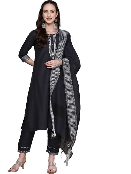 Ensemble kurta en coton brodé bleu marine avec pantalon et dupatta M