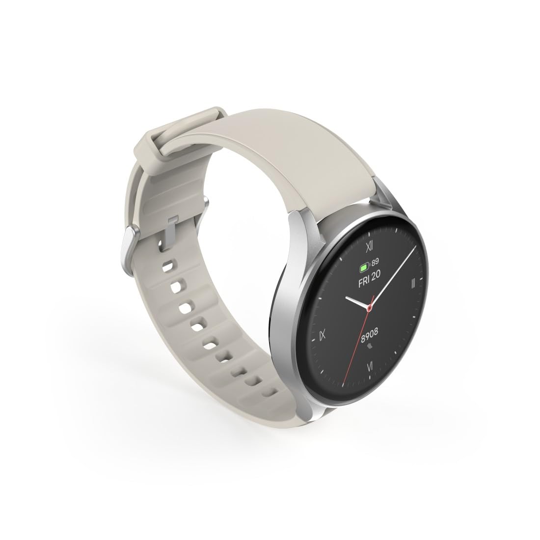 Hama Smartwatch GPS (zegarek inteligentny, smart, AMOLED 1.3, Bluetooth, wodoodporny, ładowanie magnetyczne, always-on, silikonowy pasek, srebrna koperta, 1,32", rozmowy) beżowy