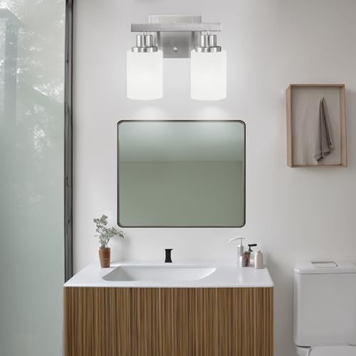 Image of 2-Light Nickel Vanity Light Bathroom Light Fixture Over Mirror | White Frosted Ribbed Glass Shade Brushed Nickel Bathroom Wall Lamp Sconces for Mirror Bedroom Hallway Small Space E26 Base