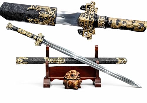 LOONGSWORD 41" Chinese Han Sword, 28.7" Double-Edged High Manganese Steel Blade with Dragon Design Fittings, 9.4" Handle, Black Faux Leather-Wrapped Wooden Scabbard