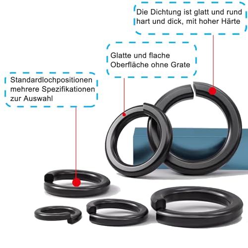 YFLeomry 100 Stück Federring, Federringe M6, Edelstahl A2 V2A, Unterlegscheiben, Spiralförmige Schwarz Federscheiben, Metallscheiben für Schrauben und Muttern