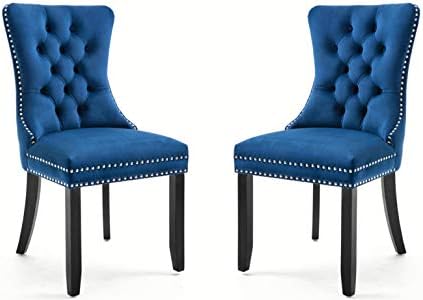 Set of 2 Dining Chairs Modern for Dining Room Kitchen Accent Side Chair Velvet Button Tufted Padded Cushion Seat and Back (Sapphire Blue)