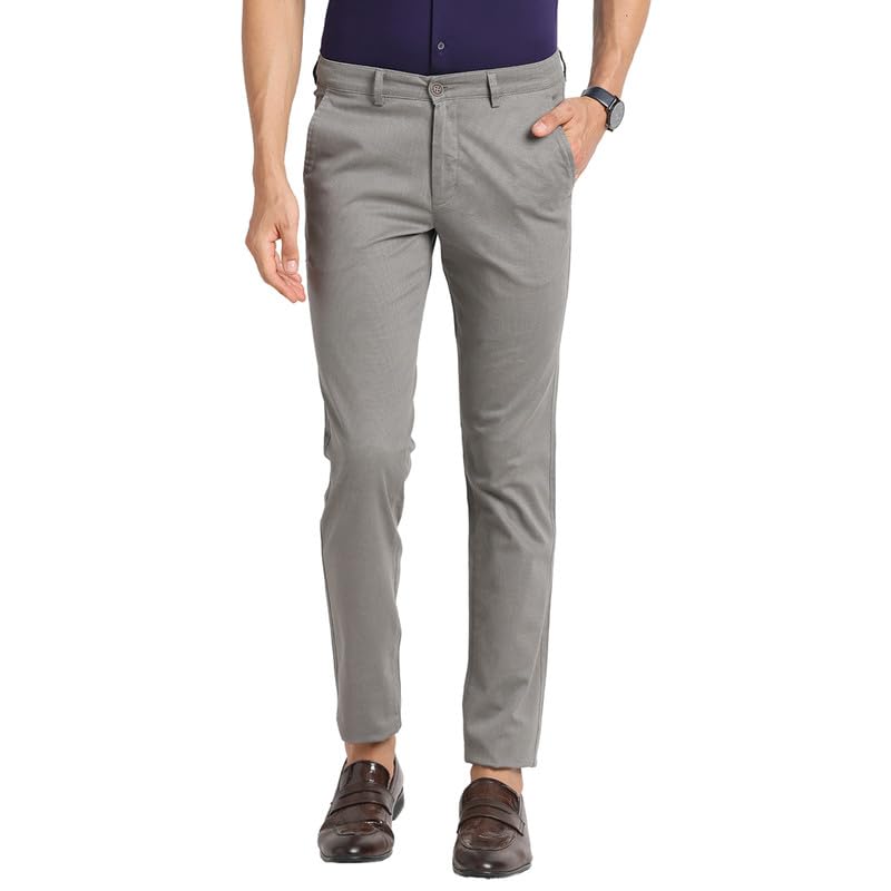Image of Turtle Men Cotton Stretch Grey Dobby Narrow Fit Flat Front Casual Trouser