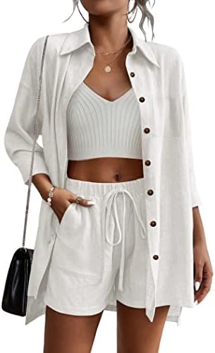 Beyove Women's Casual 2 Piece Outfits 3/4 Sleeve Button Down Shirt and Shorts Set with Pockets Tracksuit Linen Set