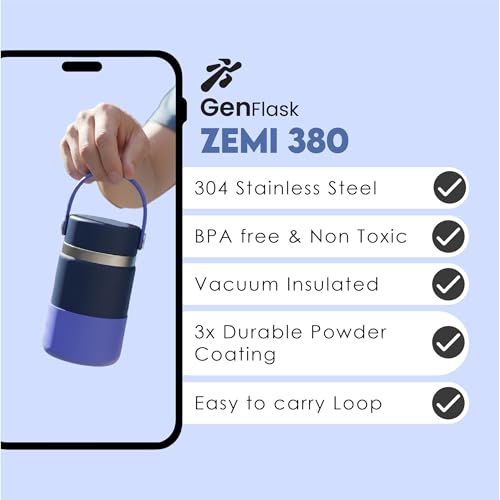 Image of VBOTT GENFLASK-ZEMI -380 ml|Thermosteel Flask with Carrying Loop| SS 304 Water Bottle|Hot /Cold-18 /24 hrs|Insulated Bottles|Dark Blue /Purple Colour|Multipurpose