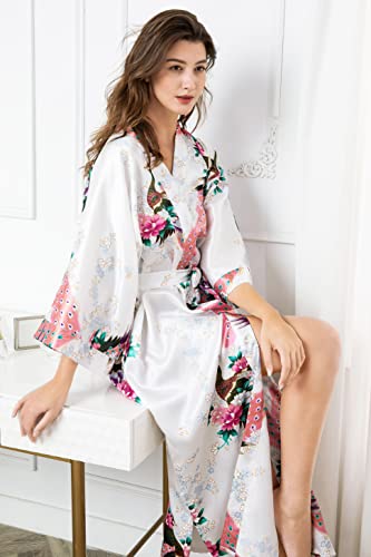 Babeyond Women's Kimono Robe Long Robes With Peacock And Blossoms Printed Kimono Nightgown #TOP2