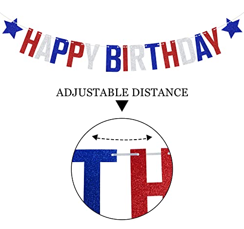 Image of 4th of July Happy Birthday Banner, Independence Day Birthday Party Decorations, Patriotic Independence Day Themed Birthday Decorations Blue Red White Glitter
