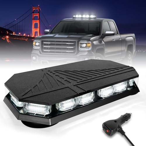 HLauto 406D Rooftop Emergency Strobe Lights Bar, 102 LED White Mini Beacon Safety Flashing Warning Traffic Lights Bar w/Magnetic Base for 12-24V Trucks, Construction Vehicles, Snowplow, Cars