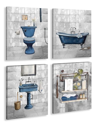 Framed Retro Blue Theme Bathroom Wall Art, Farmhouse Decoration, Vintage