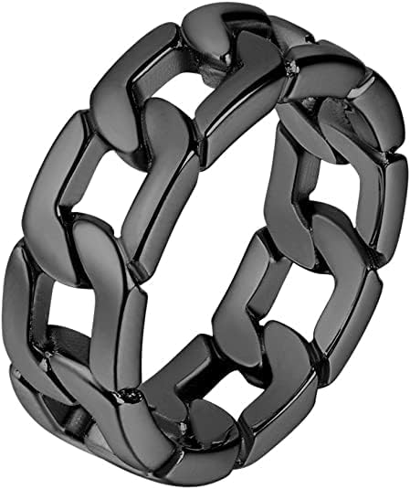 U7 Mens Women Stainless Steel 7mm Wide Band Ring, Hip Hop Thumb Rings Fashion Cuban Link Chain Rings, Size #6-#14 -Color Silver,Black,Gold