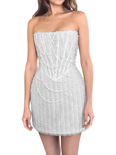 Pearls Beaded Sequins Prom Dresses for Women 2025 Strapless Mini Evening Gowns Formal