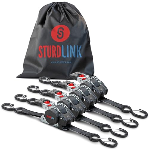Sangle a Cliquet Automatique 3m 25mm Crochets S a Linguet LC 300daN, 600daN en U | Enrouleur de Sangle Automatique | Equipement Idéal Fixation Remorque Moto Quad Auto | Lot de 4 + Sac | en 12195-2