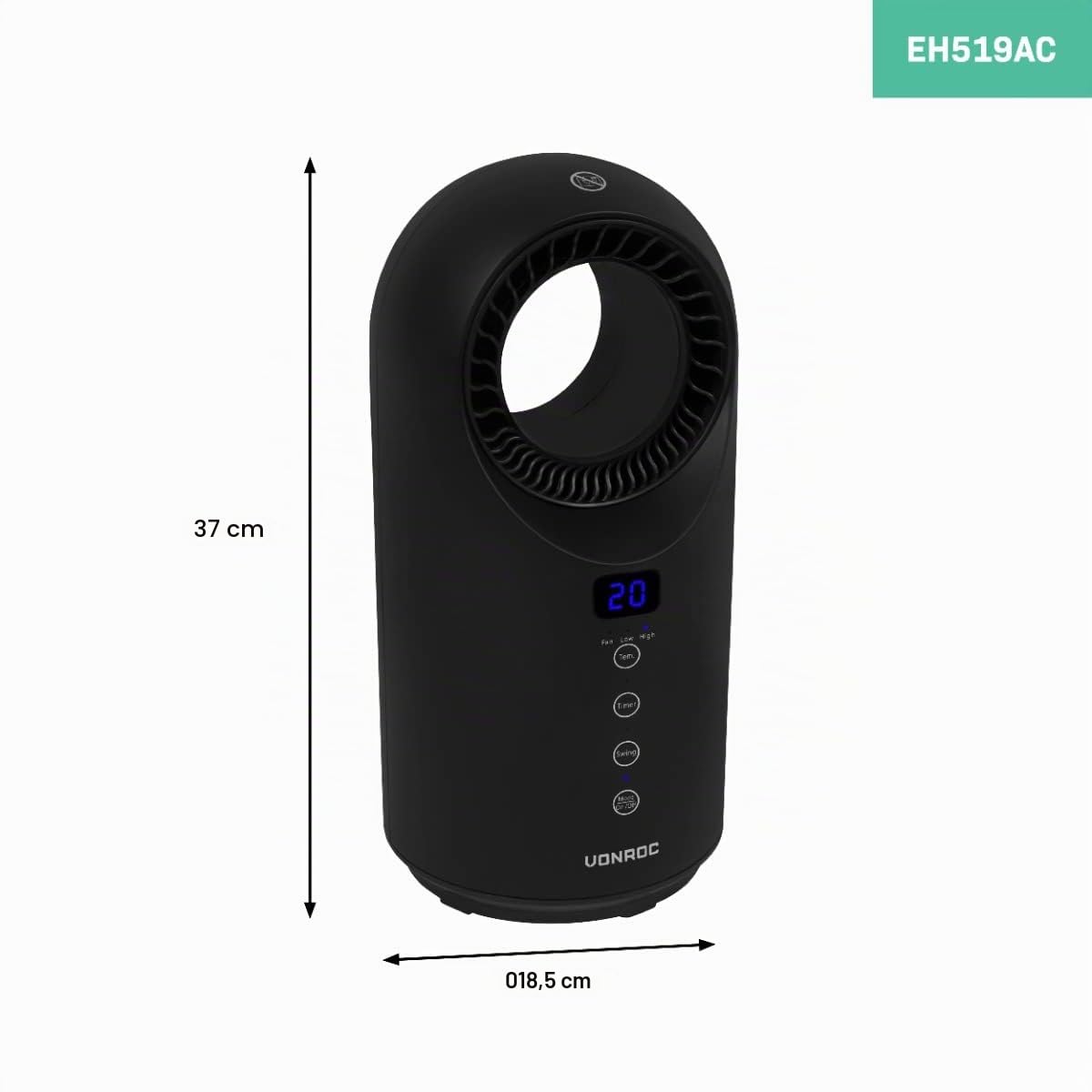 VONROC Termoventilatore Bladeless 1500W – Tecnologia Senza Pale, Riscaldamento Rapido, Oscillazione, Termostato 15–40°C, Timer 1–12H, Telecomando, Design Premium Nero Opaco – fino a 15 m² Nero