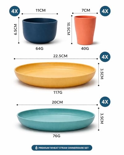 Image of Wheat Straw Dinner Set (16 Pieces) | Eco-Friendly Plates, Bowls & Glasses Set | Lightweight, Unbreakable, BPA-Free Tableware | Reusable Dining Set for Home, Kids & Travel