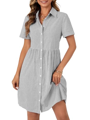 Image of Rooscier Women's Striped Shirt Dress Button Down Collared Short Sleeve Mini Dress