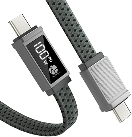 USB C to USB C Cable 100W,HUNDA USB C Cable with Display [6.56FT] Flat Braided Anti-Tangle Type C Cable Compatible with Samsung Galaxy S22/S21/S20 Ultra, Note 20/10, MacBook Air,Dell xps,Pixel (Grey)