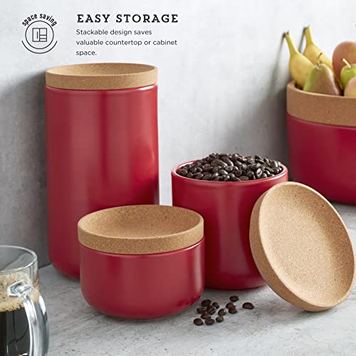 Image of Kamenstein Ceramic and Cork Set of 3 Stackable Canisters, 1 /2 qt, 1 qt, 2 qt, Red