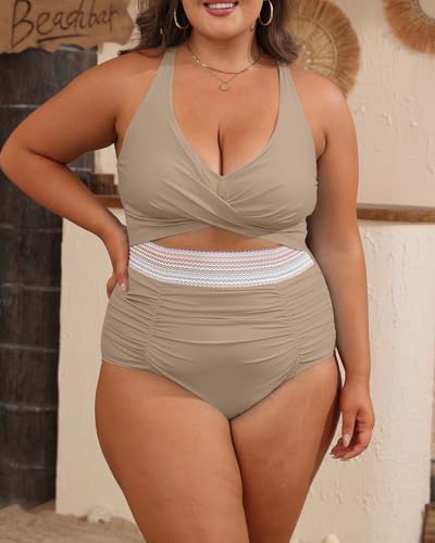 B2prity Women's Plus Size One Piece Swimsuit Tummy Control V Neck Bathing Suit Ruched High Waisted Cutout Swimwear2