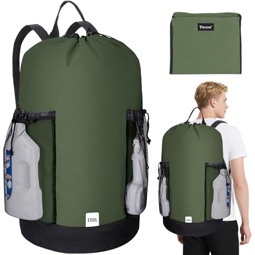 BALEINE 2PK 150L Laundry Bag Backpack, 900D Oxford Fabric Large Travel Laundry Bags with Shoulder Straps and 2 Mesh Pockets for College Dorm, Apartment, Laundromat (Green, 150L)