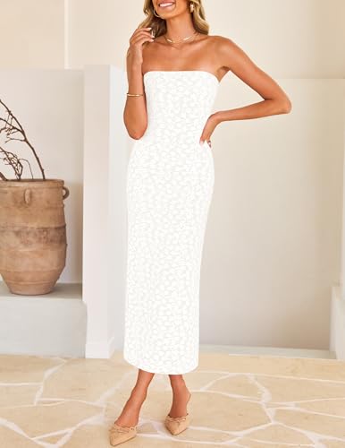 ZESICA Women's 2025 Summer Boho Floral Strapless Bodycon Dress Off Shoulder Tube Beach Party Long Midi Dresses2
