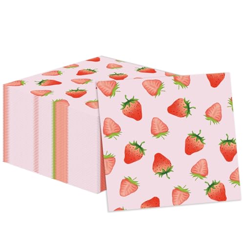 50 Pcs Strawberry Napkins 13 x 13 Inches Strawberry Birthday Paper Napkins Fruit Theme Disposable Cocktail Napkins for Baby Shower Birthday Party Decorations (Strawberry)