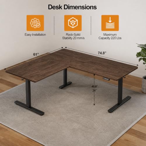 Image of Grandder 75 x 61 Inch L Shaped Standing Desk, Electric Height Adjustable Corner Stand Up Desk, Sit Stand Corner Table Home Office Table, Walnut Top Black Frame