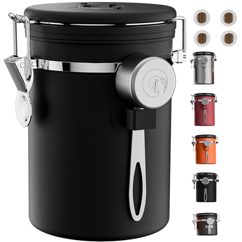 Image of Coffee Gator Coffee Canister, 22oz Airtight Stainless Steel Kitchen Food Storage Container with Date Tracker, Valve, Scoop for Sugar, Grounds, Beans, Tea, Sugar, Cereal, Flour, Cookies Jars - Black