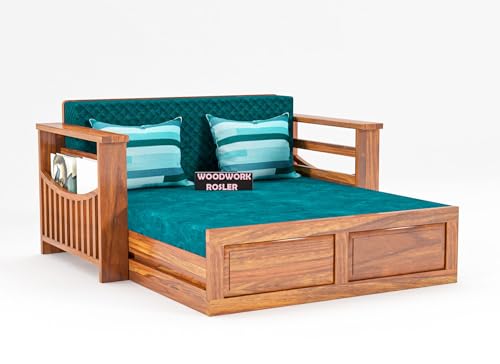Image of Solid Sheesham Wooden Sofa Cums Bed with Mattresses for Living Room | Rosewood 2 Seater Sofa Cums Bed for Bedroom Without Pillow (D-Natural Finish)