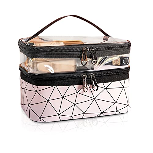 TSHAOUN Sacs de Maquillage, Grande Trousse de Toilette, Double Couche Cosmétique de Voyage avec Brosse Compartiment pour Voyage Vanity Douche Salle Gym. (Rose) Cover