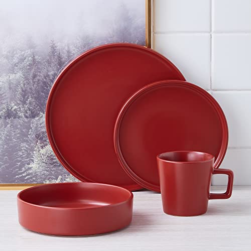 Image of Stone Lain Cleo Stoneware 32-Piece Modern Dinnerware Set, Plates and Bowls, Red, Service for 8, Microwave & Dishwasher Safe