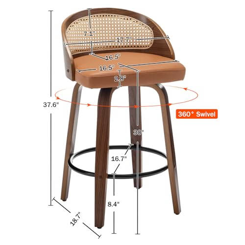 Image of 30 inch Swivel Rattan Bar Stools Set of 2,Mid-Century Modern Orange Faux Leather Upholstered Bar Height Stools,Kitchen Island Barstool with Rattan Low Backrest,Walnut Wood Finish Bar Chairs