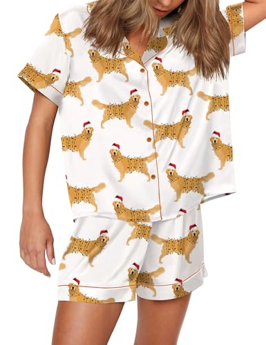 SHESHOW Womens Christmas Pajamas Cute Dog Print Button Down Short Sleeve 2 Piece Loungewear Sets White L