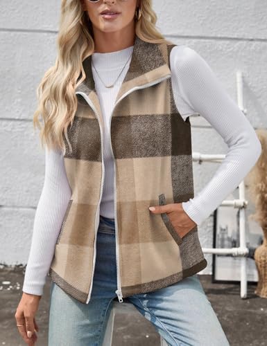 Rapbin Women's Plaid Outerwear Vests Tops Zip Up Collared Sleeveless Jacket with Pockects3