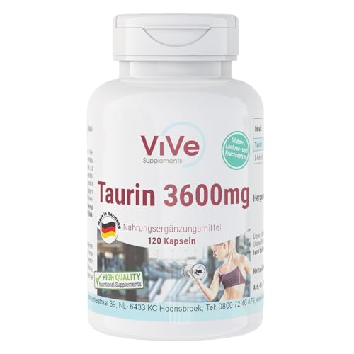 Taurin 3600mg Tagesverzehr - 120 Kapseln - 900mg Taurin pro Kapsel - hochdosiert und vegan | Qualität aus Deutschland von ViVe Supplements