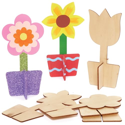 Baker Ross FC727 Blumen Holz Bastelset - 6er-Pack 3D stehende Holzblumen zum Dekorieren mit Farbe Stiften und Glitzer