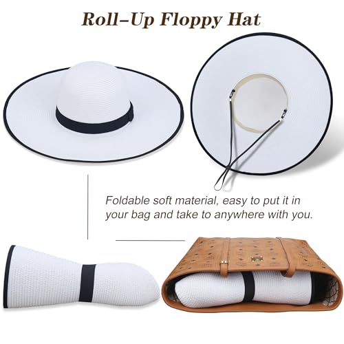 Image of Women Wide Brim Sun Hat UPF50 Straw Summer Hat Floppy Beach Hat Roll-Up