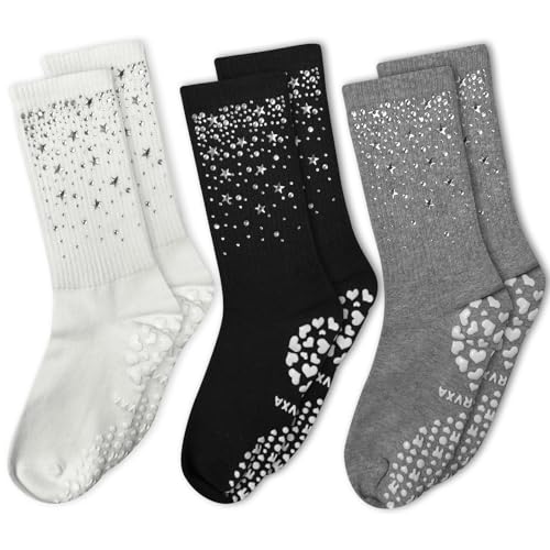 COARVXA 3 Pairs Cute Pilates Grip Socks for Women Bling Glitter Rhinestone Crew Non Slip Grip Socks for Yoga Barre Barefoot
