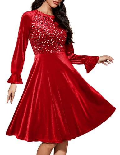 Bbonlinedress Glitzer Kleid Damen Samtkleid elegant Knielang Langarm Winterkleider festliches Weihnachtskleid mit Pailletten Party Cocktailkleid Red S