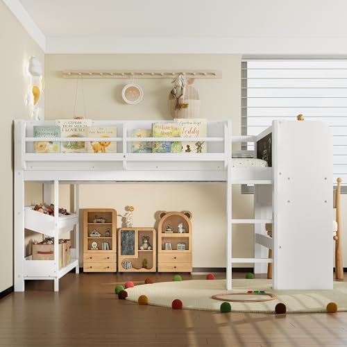 Image of Full Loft Bed with Multi-Storage Bookcases, Boxes and Drawers, Solid Wood Low Loft Beds with Desk and Blackboard, No Box Spring Needed (White-02)