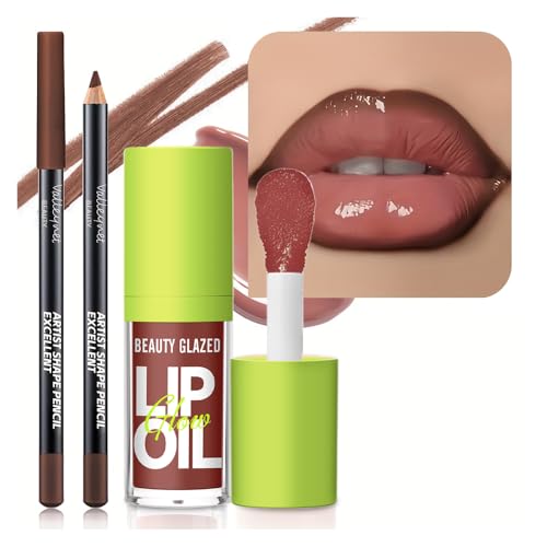 2Pcs Lip Gloss & Lip Liner Set Rosewood Nude 90s Ombre Lips Retro Gradient Lip Plumping Effect Full Volume Lips High Shine Gloss Viral Lip Combo Fuller Looking Lips Glassy Lip (#V10+107)