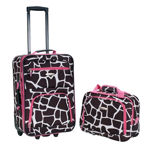 Image of Rockland Fashion Softside 2 Piece Luggage Set, Expandable, (14 inch Tote /19 inch Upright), Pink Giraffe