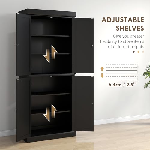 Image of HOMCOM 72.5 inch Tall Kitchen Pantry Cabinet, Freestanding Modern Farmhouse Kitchen Storage Cabinet with 4 Doors and 2 Adjustable Shelves for Dining Room, Black