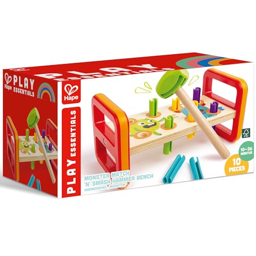Image of Hape: Wooden Monster Hammer Bench with 8 Pegs - Educational Toy for Kids & Toddlers, Fun Monster Design for Motor Skills Development