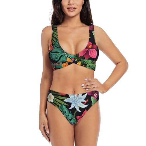 Maillot de bain deux pièces imprimé fleurs tropicales colorées et coupe ajustée féminine